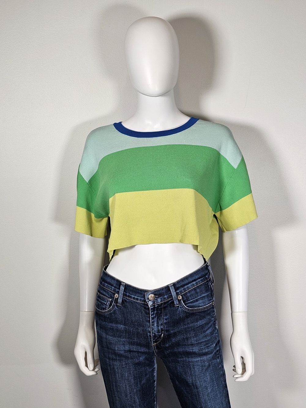 Juicy Couture Light Blue, Green & Yellow Striped Cropped Top Sz M